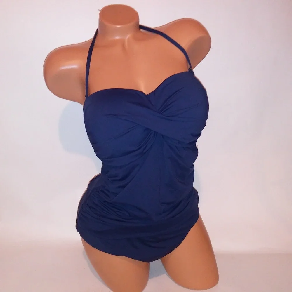 Anne Cole Swim One Piece Size 14 Solid Navy Blue Halter Scrunch Lightly Lined